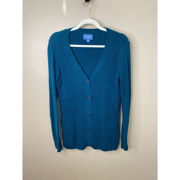 Simply Vera Vera Wang Women’s Teal Ribbed Cardigan Sweater M Button-Front Cotton - Picture 2 of 8